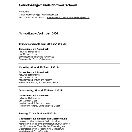 Gottesdienste April - Juni 2026